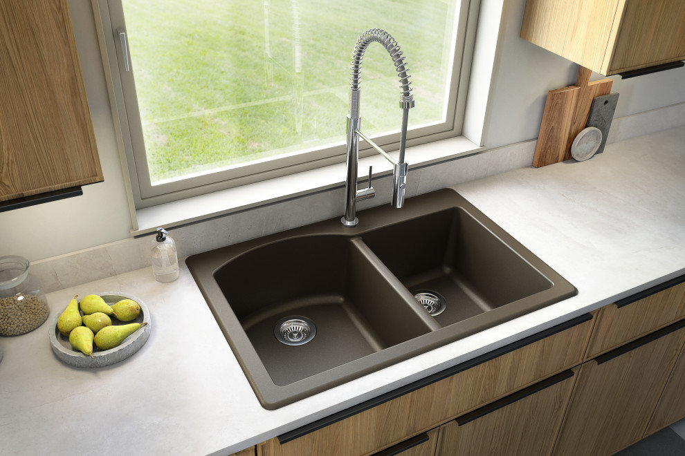 Karran Drop-In Quartz 33" 1-Hole 60/40 Double Bowl Kitchen Sink, Brown