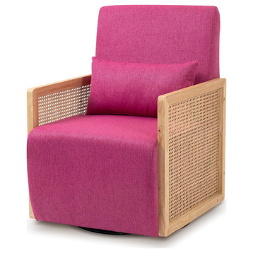 Modern Accent Chair, Swiveling Linen Upholstered Seat & Rattan Sides, Rose Red