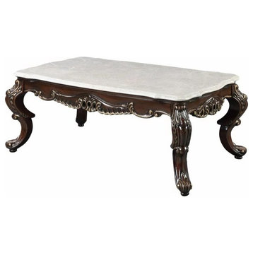 Traditional Coffee Table, Rectangular Marble Top, Queen Anne Legs, Antique Oak