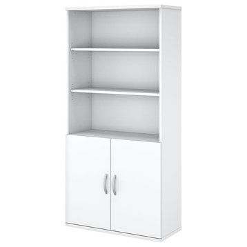 Easy Office 5 Shelf Bookcase with Doors in Pure White - Engineered Wood