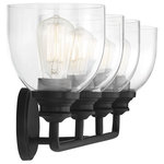 Savoy House - Vale 4-Light Bathroom Vanity Light in Black - Easily boost the style and the illumination in the bathroom with this Savoy House Vale 4-light bath bar. It is truly a beautiful example of how classic, understated designs have staying power. This bath light has large goblet-shaped shades of clear glass, a slender curved arm and a circular backplate. Its bold black finish makes it perfect for brightening up bathrooms of many sizes and decor styles. This fixture is 33" wide and 9.75" tall. It extends 7.25" from the wall. Uses 4 standard size bulbs of up to 60 watts each (not included).  This light requires 4 , 60W Watt Bulbs (Not Included) UL Certified.