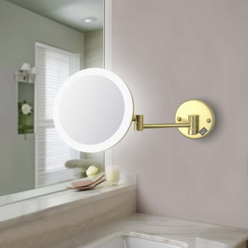 Circular LED Wall Mount One Side 5x Magnifying Make Up Mirror, Brushed Gold