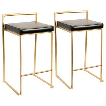 Lumisource Fuji Counter Stool, Gold With Black Faux Leather, Set of 2