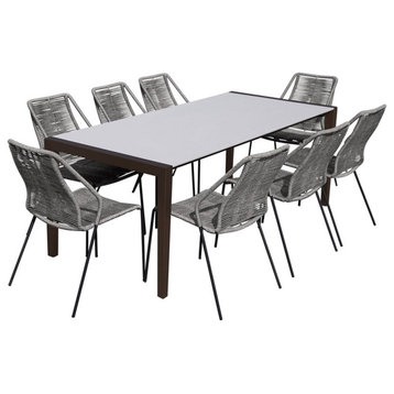 Armen Living Fineline and Clip 9-Piece Fabric Outdoor Dining Set in Brown/Gray