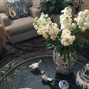 Blue and white Transitional Family Room