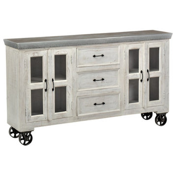 72" Distressed White 3 Drawer Galvanized Top Wheeled Sideboard