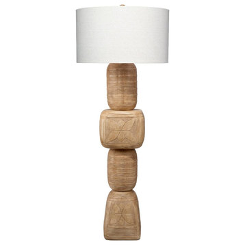 Elegant Natural Hand Carved Stacked Wood Shapes Floor Lamp 62 in Cairn Organic