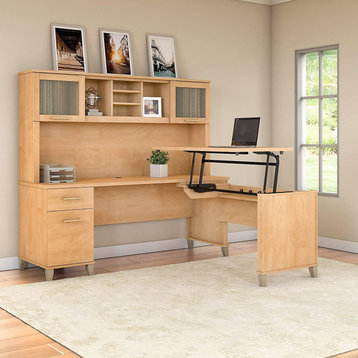 Spacious L-Shaped Desk, Integrated Tall Hutch and Lift Up Desktop, Maple Cross