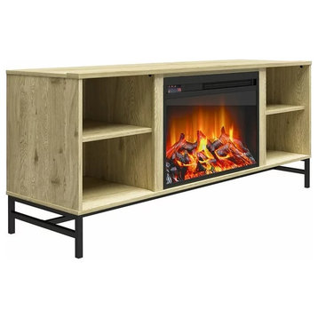 Minimalistic TV Stand, Fireplace & Open Shelves for Extra Storage, Black/Natural