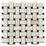 Stone Center Online - Crema Marfil Marble 1x2 Basketweave Mosaic Tile Black Dots Polished, 1 sheet - Crema Marfil Marble 1x2" rectangle pieces and Nero Marquina 3/8" dots mounted on 12x12" sturdy mesh tile sheet