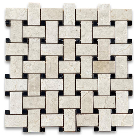 Crema Marfil Marble 1x2 Basketweave Mosaic Tile Black Dots Polished, 1 sheet