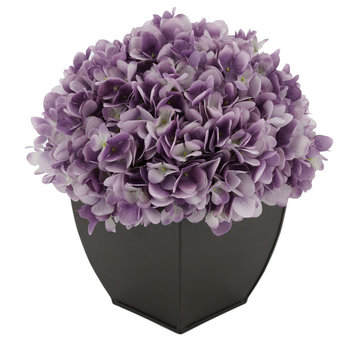 Artificial Hydrangea in Matte Brown Tapered Zinc Cube, Lavender
