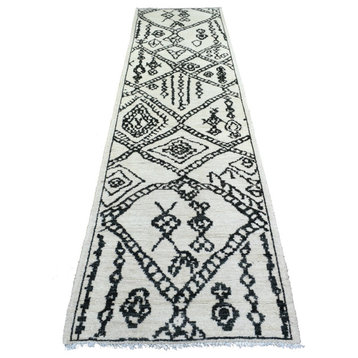 Ivory Hand Knotted Moroccan Berber Soft and Shiny Wool Runner Rug, 2'10"x11'4"