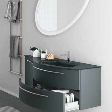 Modern curved dark grey and black bathroom vanity