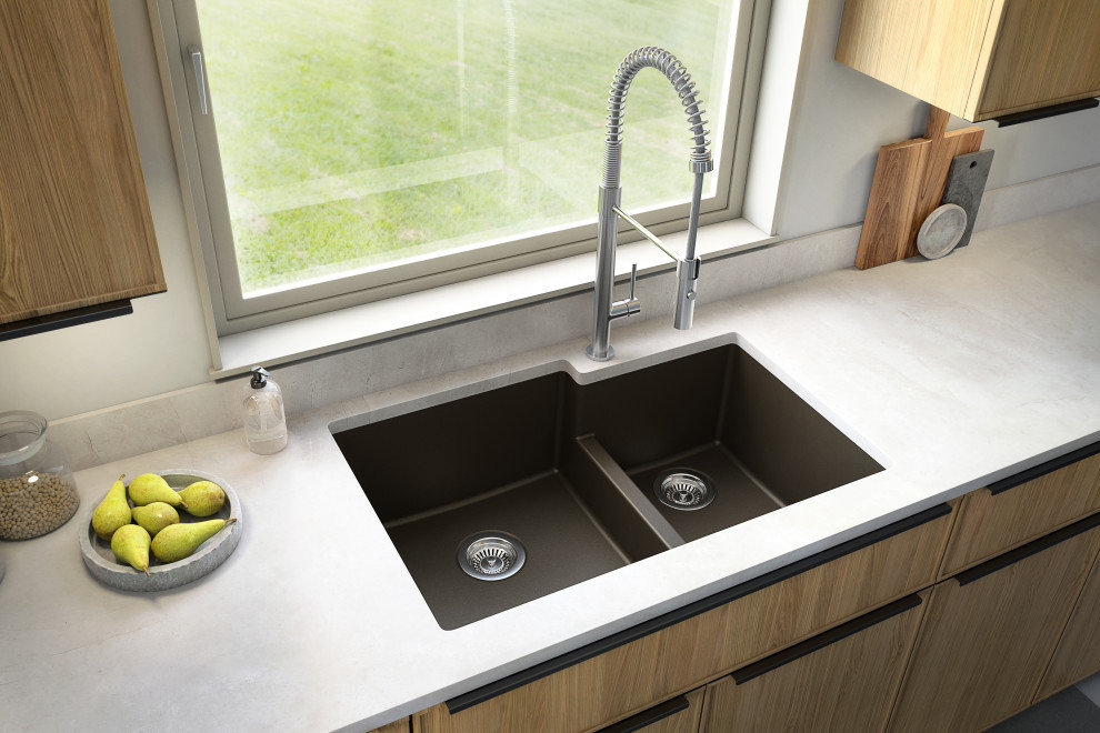 Karran 32" Undermount Large/Small Bowl Quartz Kitchen Sink, Brown