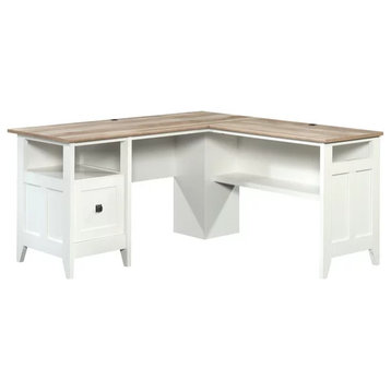 Rustic L-Shaped Desk, Open Compartments & Filing Drawer, Soft White/Lintel Oak