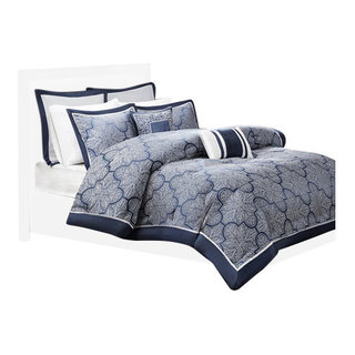Bennett Navy Greek Key 7 pc Comforter Bed Set by Madison Park