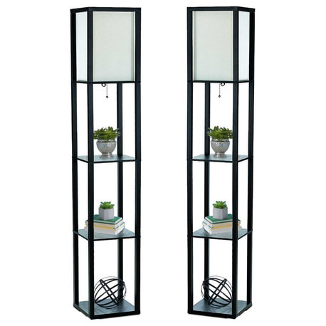 Blk Etagere Organizer Storage Shelf Floor Lamp With Linen Shade,Black, Pack of 2