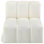 Meridian Furniture - Arc Upholstered Modular Component, Cream, 1-Piece: Straight Chair, Vegan Leather - Unleash modern opulence with the Arc Vegan Leather Straight Chair. Crafted for the modern connoisseur, this chair injects an air of refined luxury into any space. Its sleek silhouette, upholstered in supple cream vegan leather, exudes timeless sophistication while the deep channel tufting adds textural intrigue, further elevating the chair's visual appeal. The modular design makes it a versatile chameleon, effortlessly adapting to your evolving needs and preferences. Whether you envision it gracing a chic living room corner, basking in the glow of a bedroom window, or adding a touch of drama to a home office, the Arc seamlessly complements your unique interior aesthetic.