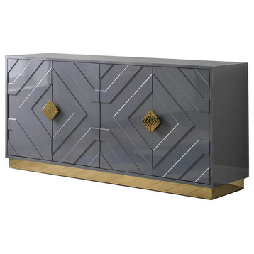 Unique Sideboard, Geometric Accented Doors & Golden Diamond Pulls, Gray Gloss