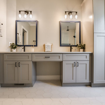 Gray Double Vanity with Center Makeup Station and Tall Linen Cabinet