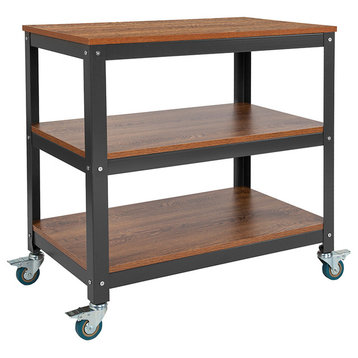 Livingston Collection 30" W Rolling Storage Cart With Metal Wheels, Brown Oak