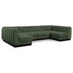 Meridian Furniture - Quinn Chenille Upholstered U-Shaped Modular Sectional, Green, 6-Piece: 4 Armless Chair, 2 Corner Chair - The Quinn Modular Sectional is a stunning piece crafted in a rich and luxurious green chenille fabric. Its awe-inspiring design and exceptional quality make it a perfect addition to any space, whether it's a living room, bedroom, or office. The sectional's plush cushioning and sturdy frame provide both comfort and durability, ensuring that it will be a favorite for years to come. Whether you're looking for a statement piece or simply a comfortable seating option, the Quinn sectional is an excellent choice.