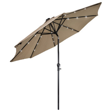9ft Solar Lighted Outdoor Patio Market Umbrella With Hand Crank and Tilt Taupe