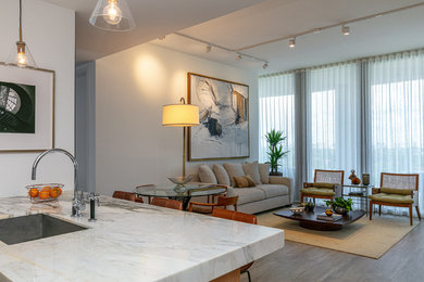 Mid-century modern open concept porcelain tile and brown floor living room photo in Miami