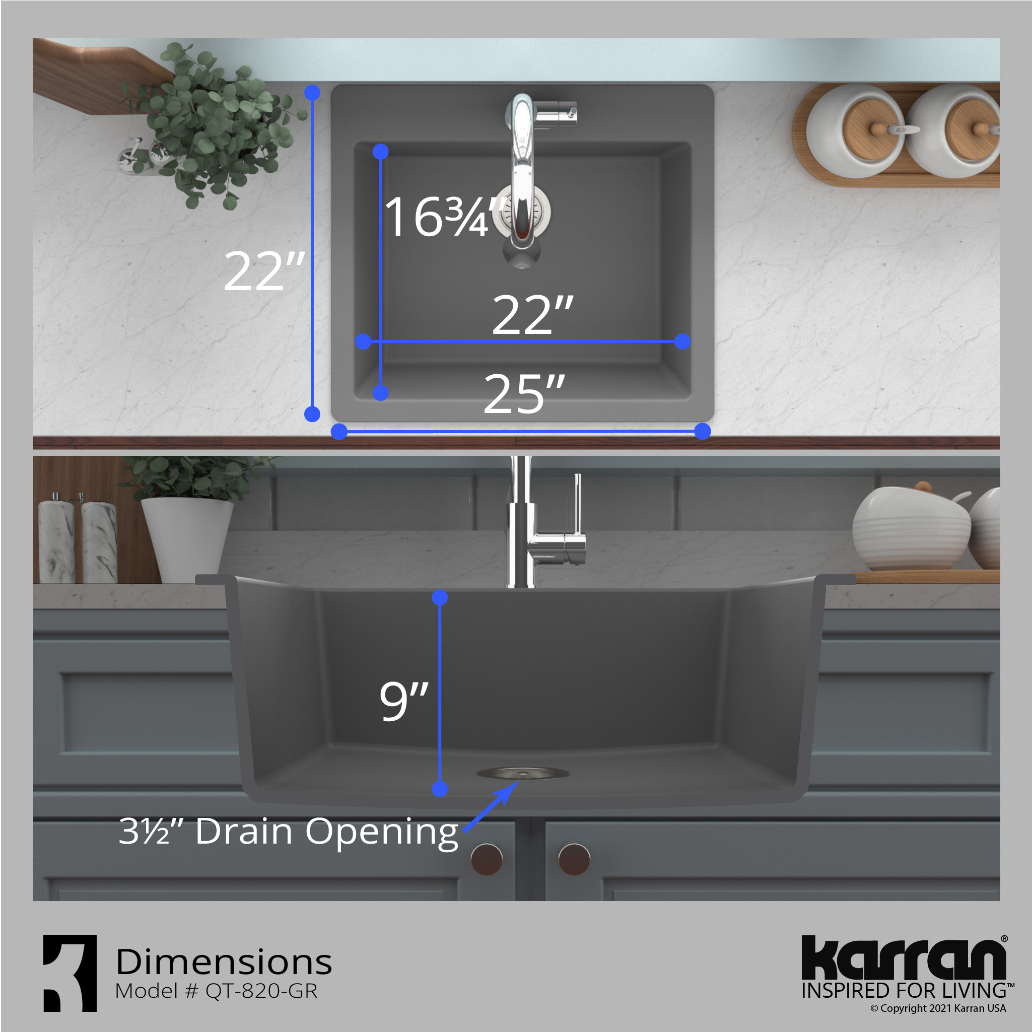 Karran QT-820 Top Mount 25" Single Bowl Quartz Kitchen Sink Kit, Grey
