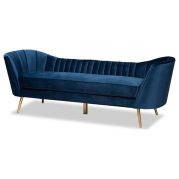 Ippolita Glam Luxe Navy Blue Velvet Fabric and Gold Sofa