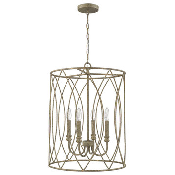 4 Light Rustic Foyer Pendant in Grey with a touch of gold leaf