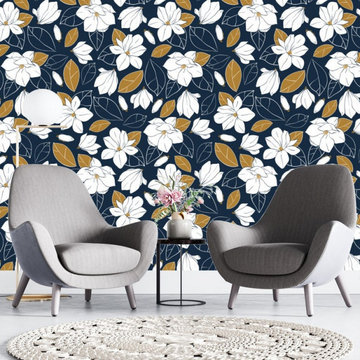 Navy Blue and White Floral Wallpaper,