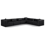 Meridian Furniture - Cube Upholstered Modular Sectional, Black, 6-Piece: 3 Armless Chair, 3 Corner Chair, Vegan Leather - Elevate your space with the luxurious Cube Vegan Leather Modular Sectional. This modular sectional exudes modern elegance, charm, and comfort making it a perfect addition to any contemporary living space. Its clean lines and cube shape are reminiscent of minimalist design, while the plush black vegan leather upholstery adds a touch of luxury and sophistication. The chair's versatile construction and geometric aesthetic seamlessly integrate into various design styles, from sleek living rooms to chic home offices, embodying the essence of modern design and creating a sense of order and tranquility in your space.