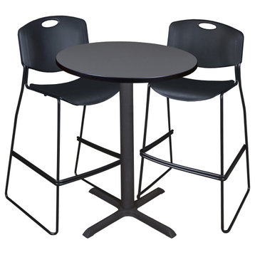 Cain 30" Round Cafe Table- Grey & 2 Zeng Stack Stools- Black