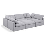 Meridian Furniture - Indulge Upholstered Modular U-Shaped Sectional, Grey, 6-Piece: 3 Armless Chair, 2 Corner Chair, 1 Ottoman, Down Stuffed Linen Textured Fabric - Experience ultimate comfort and style with our grey linen textured fabric Indulge Sectional. The luxurious linen texture of the fabric will elevate the aesthetic of any room. This sofa provides ample space for you to relax while its modular build offers the option of unlimited configurations. Whether you're looking to add a stylish element to your living room or a comfortable seating option to your bedroom, this sofa is the perfect choice.