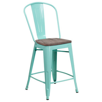 Indoor/Outdoor 24" Counter Stool With Back, Footrest, Wood Seat, Mint Green