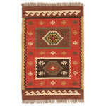 Jaipur Living - Jaipur Living Amman Handmade Geometric Red/ Gold Area Rug 4'X6' - Rich tones and a captivating geometric design combine to create this Southwestern-style area rug. This flatweave jute layer showcases red, gold, navy, and green hues, accented by textured fringe along the edges for an eclectic and subtly rustic look.