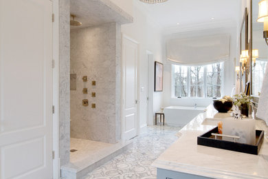 Large contemporary master bathroom in Atlanta with beaded inset cabinets, grey cabinets, a freestanding tub, an alcove shower, gray tile, white tile, stone tile, white walls, marble floors, an undermount sink and marble benchtops.