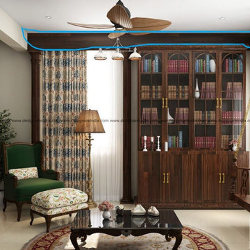 The library majorly dominated by brown which anchors the warm eclectic design ma