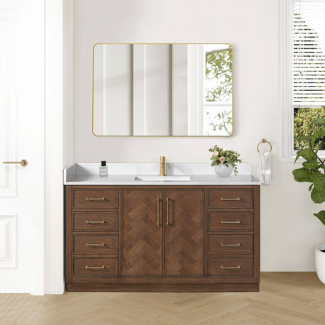 Jakarta Bath Vanity, Quartz Top No Mirror, Dark Brown Oak, 60", Single Vanity