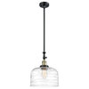 X-Large Bell 1 Light Mini Pendant, Black Antique Brass, Clear Deco Swirl