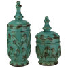 Turquoise Vintage Finish 2 Piece Set of Birds On a Wire Ceramic Jars with Lid