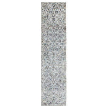 Ivory Silk With Textured Wool Tabriz Design Runner Hand Knotted Rug, 2'5"x12'0"