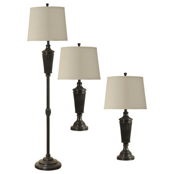 Bronze Wood Finish Metal Floor Lamp and set of Two Table Lamps