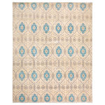 Bareens Designer Rugs - Contemporary Ziegler Israel Ivory Blue Hand-Knotted Wool Rug - 11'8'' x 14'11'' - Enhance the ambiance of your home with this magnificent Persian-influenced Turkish hand-knotted rug made by skilled artisans capable of creating the most exceptional vegetable dyes and hand-spun wool. This exquisite handmade rug is a one-of-a-kind  Kafkaz, otherwise identified as Chobi, Chobi Peshawar, Oushak, or Ziegler rug. These handmade rugs are crafted in Pakistan utilizing superior-quality wool imported from Australia, New Zealand, and Korea in two types of weaves: the Persian weave and the Mori weave. This rug is meticulously crafted by hand using the finest natural vegetable dyes extracted from local plants. The artisans use a blend of hand-spun local and fine merino wool, resulting in a rug with a compelling texture, higher lanolin content, and longer staple. The artisans occasionally incorporate natural or artificial silk into the pile to enhance specific motifs. The finished product is an awe-inspiring execution of flawless design and an understated palette that exudes elegance.