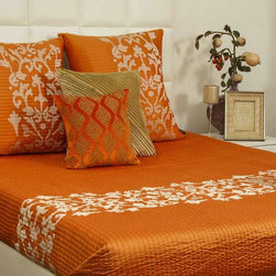 Antioch Off White & Orange Hand Emb. Faux Silk Quilted Bedspread - Quilts And Quilt Sets