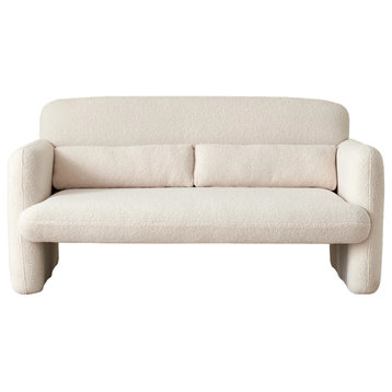 Modern Loveseat, Unique Design With Sherpa Fabric Seat & 2 Pillows, Beige