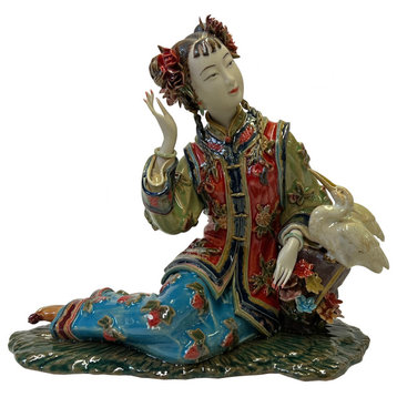 Chinese Oriental Porcelain Qing Style Dressing Cranes Bird Lady Figure Hws3087