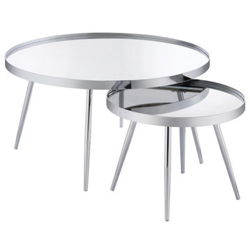 Set of 2 Nesting Coffee Table, Shiny Chrome Metal Frame With Round Mirrored Top